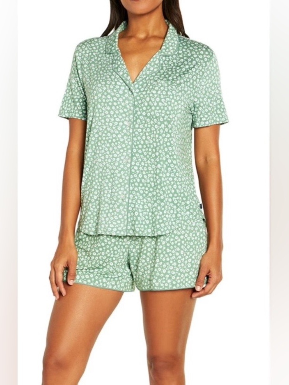 GAP 2-Piece Short Sleeve Notch Collar Top & Short Sleep Set green floral L